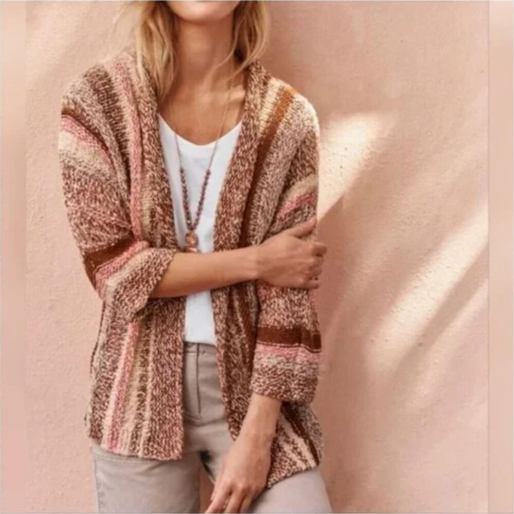 J. Jill Open Front Short Sleeve‎ Cardigan Multicolor Stripe Knit Boho Size Small